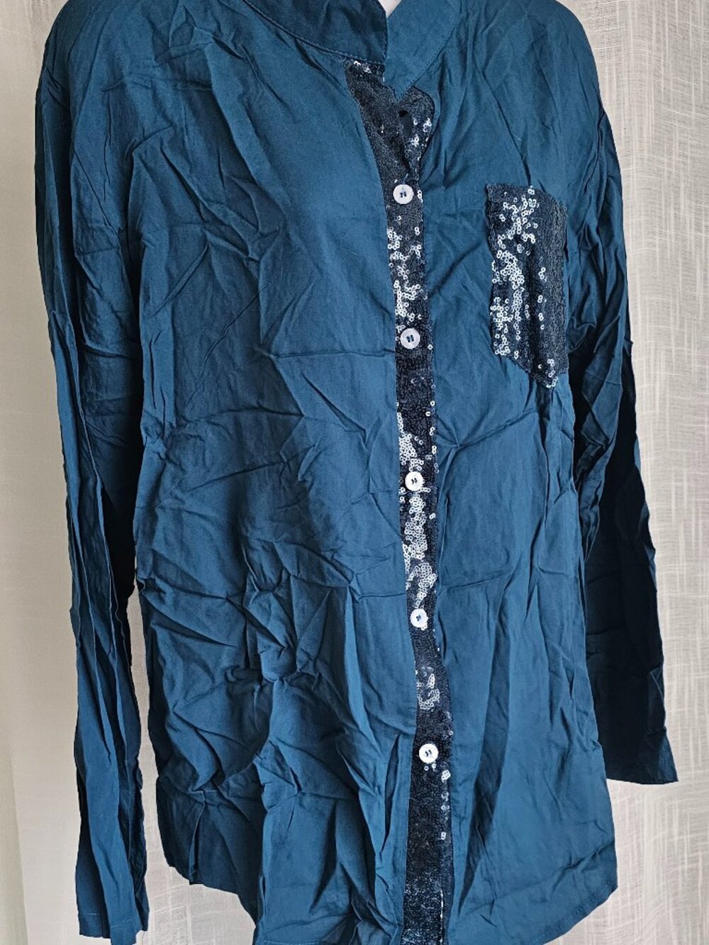 Women's Sequins Decor Front Button Pocket Simple Casual Blouse Teal Size XL NEW